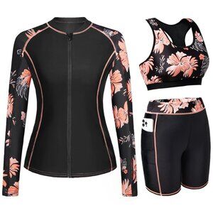 🆕 Daci 3-Piece Rash Guard Long Sleeve Swimsuit  Black Floral – Size Medium  NWT